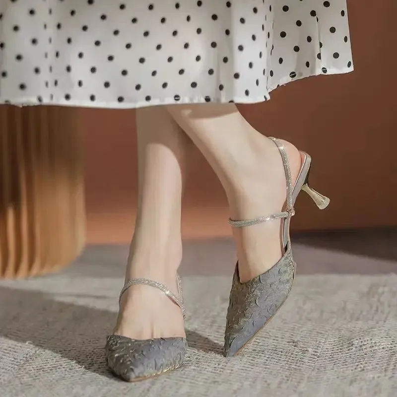Sohiwoo Footwear Stiletto Women's Shoes Slippers Summer 2024 Beige Sandals for Woman Rhinestones Diamond Thin Heels Pointed Toe Closed F