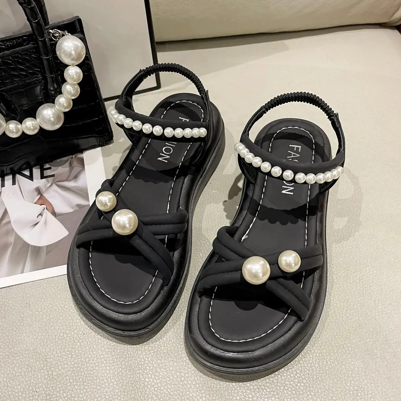 Sohiwoo Sandals for Women with Medium Heels Footwear Platform Summer 2024 Beach Ladies Shoes Rhinestones Outdoor Diamond Comfort Daily F