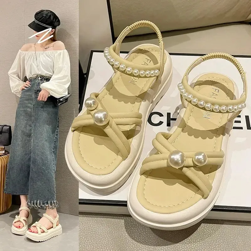 Sohiwoo Sandals for Women with Medium Heels Footwear Platform Summer 2024 Beach Ladies Shoes Rhinestones Outdoor Diamond Comfort Daily F